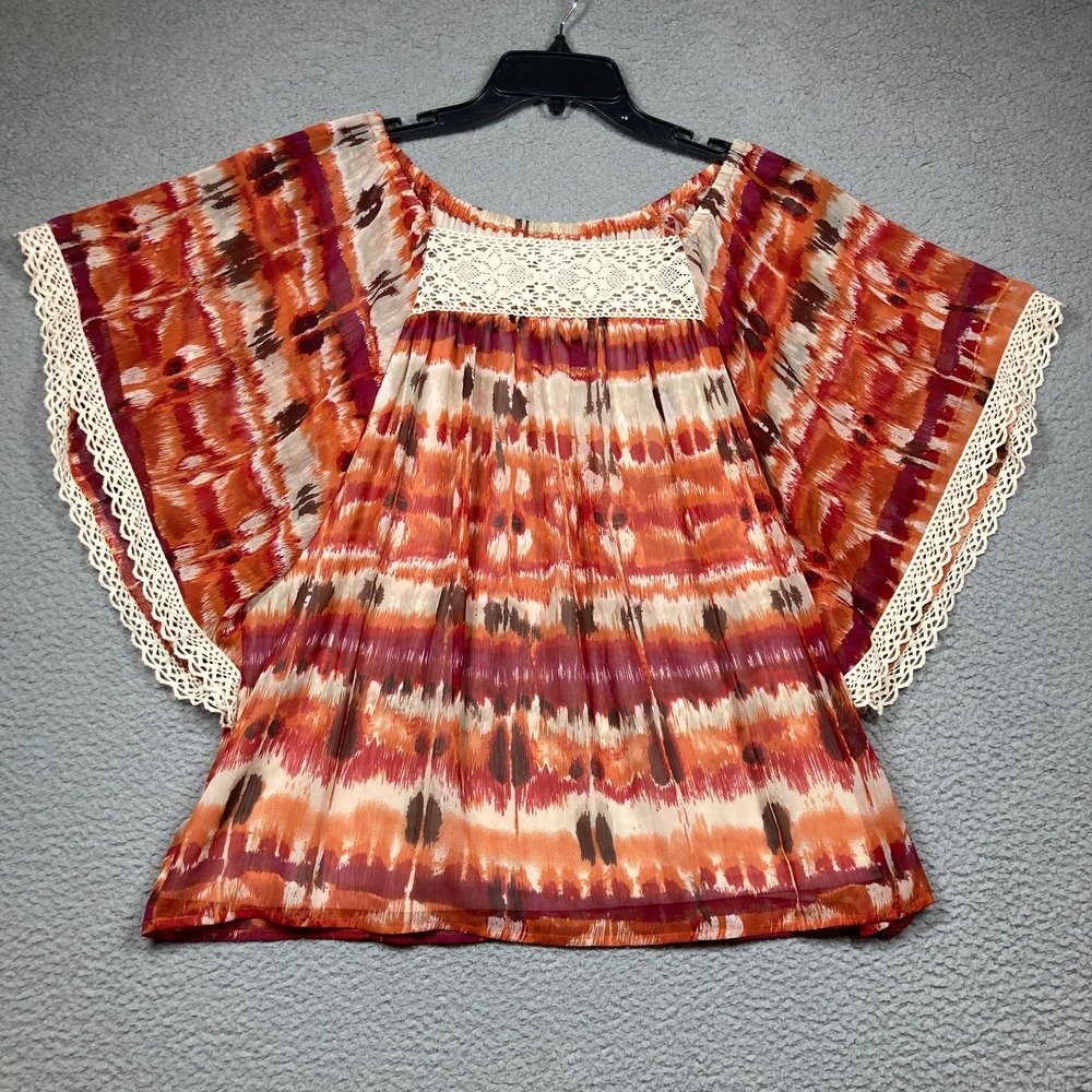 Dressbarn Top Women's XL Brown Flutter Sleeve Boho Crochet Trim Tie Dye Lined